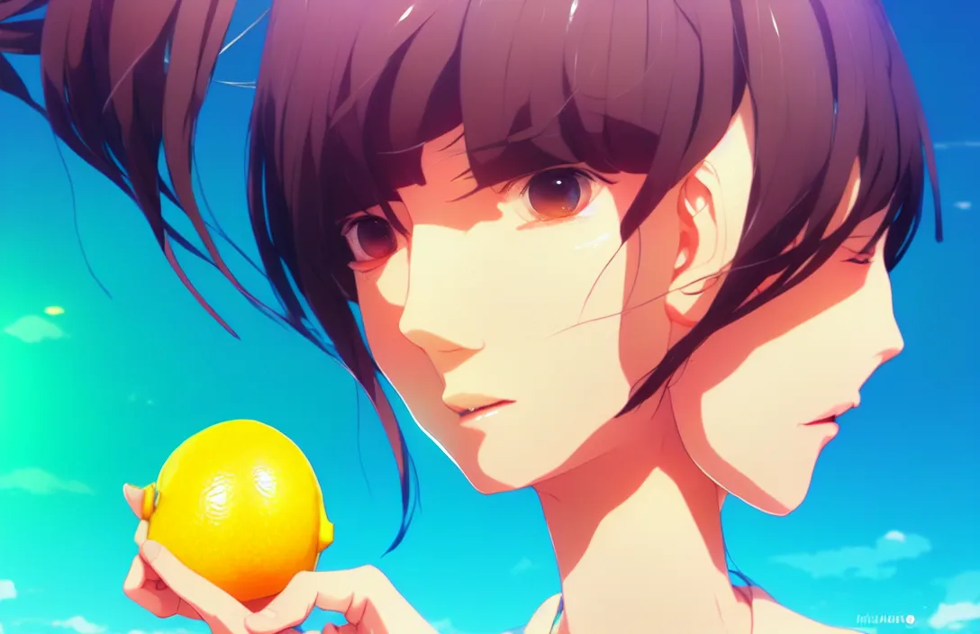 Image similar to ⁠portrait of an Sentient Lemon , Beach background, rich vivid colors, ambient lighting, dynamic lighting, 4k, HQ, official media, anime key visual, makoto shinkai, ilya kuvshinov, lois van baarle, rossdraws, detailed, trending on artstation