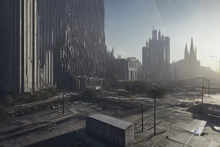 Image similar to streetscape, a towering cathedral of brutalist architecture, buildings covered with greebles, stunning volumetric light, sunset, metal, concrete and translucent material, stunning skies, majestic landscape, trending on Artstation, 8k, photorealistic, hyper detailed, unreal engine 5, IMAX quality, cinematic, epic lighting, in the style of Greg Rutkowski