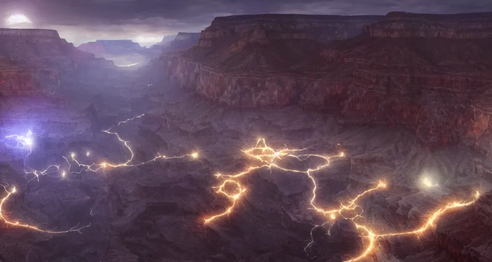 Image similar to night, a lot of people and a white luminous attractor is floating in grand canyon, concept art, art for the game, professional lighting, art