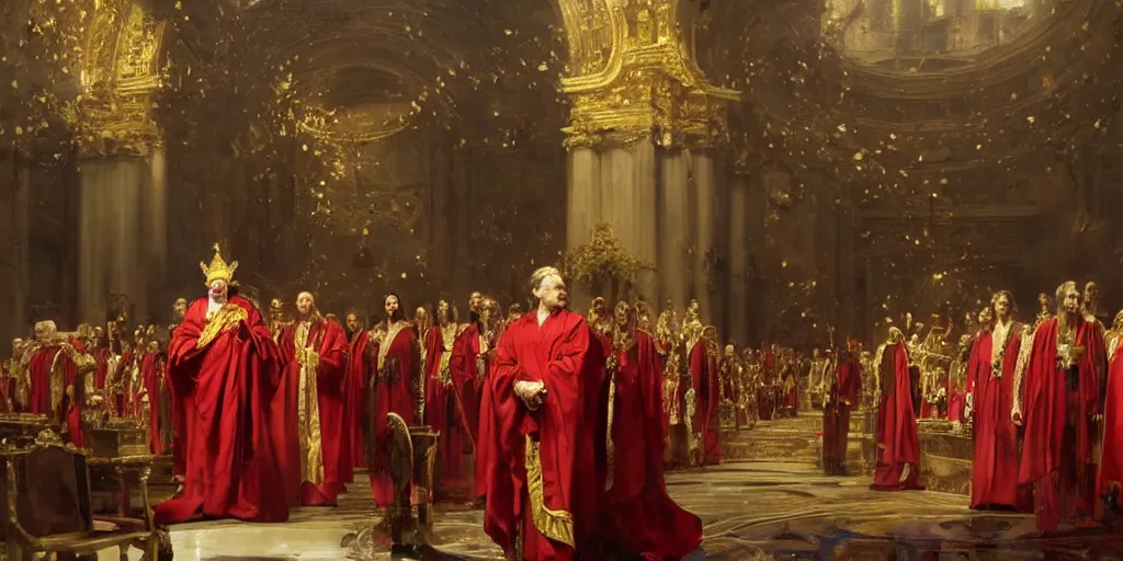 Image similar to beautiful oil matte portrait painting, steve buscemi in royal crimson robes enthroned as the god emperor of ancient rome surrounded by servants in gilded halls a golden wreath upon his head, by anders zorn, wonderful masterpiece by greg rutkowski, beautiful cinematic light, american romanticism, by thomas lawrence, greg rutkowski