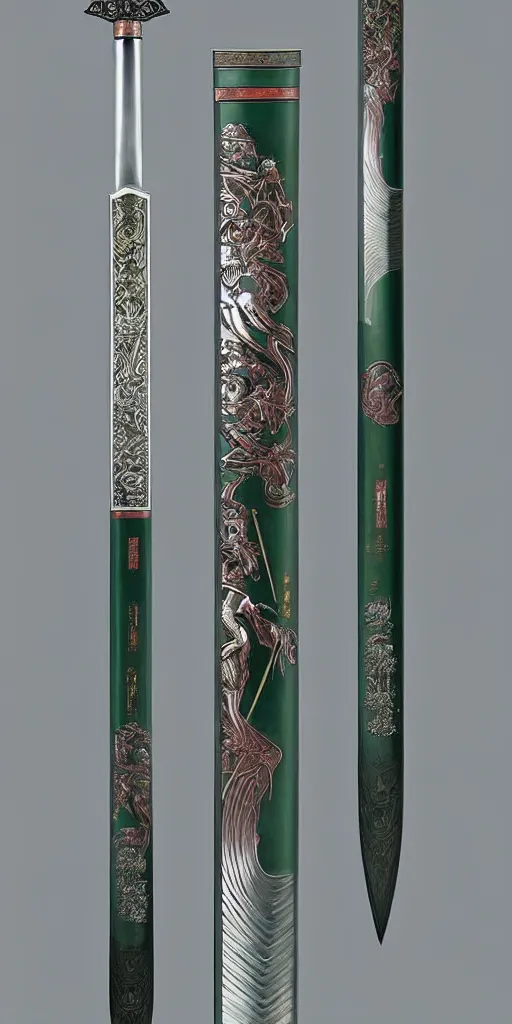 Image similar to a katana in the style of zdzisław beksinski, elegant, silver and emerald inlay, flower motif, deadly weapon