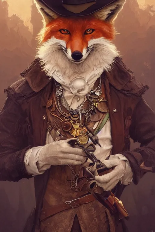 Image similar to heroic character design of anthropomorphic whimsical fox, portrait, western, steampunk, clint eastwood facial expression, duster, fantasy, intricate, elegant, highly detailed, digital painting, artstation, concept art, sharp focus, illustration, art by artgerm and greg rutkowski and alphonse mucha