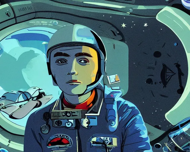 Prompt: a headshot head shot portrait of Alain Delon twins pilot in spacesuit on field forrest spaceship station landing laying lake artillery outer worlds shadows in FANTASTIC PLANET La planète sauvage animation by René Laloux