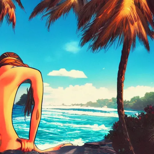 Prompt: endless summer, beach, art, anime