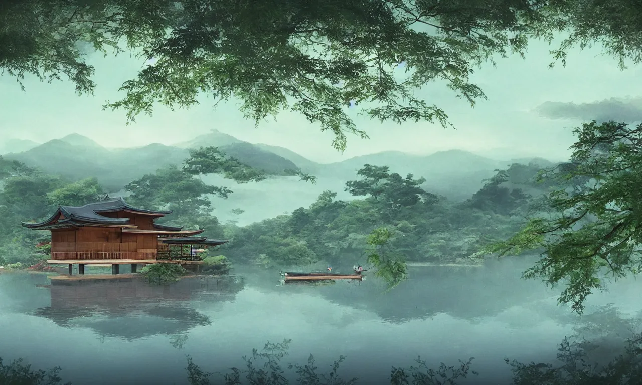 Prompt: a stunning Japanese lake house, beautiful lake in the foreground, a small bamboo boat floating in the lake, moonlit night dreamy atmosphere, highly detailed twigs and plants in the forest, bioluminiscent butterflies in the fog in a bokeh background, deep colors, photorealistic digital arts, in anime and manga style, smooth and rich color scheme, artstation, 8K