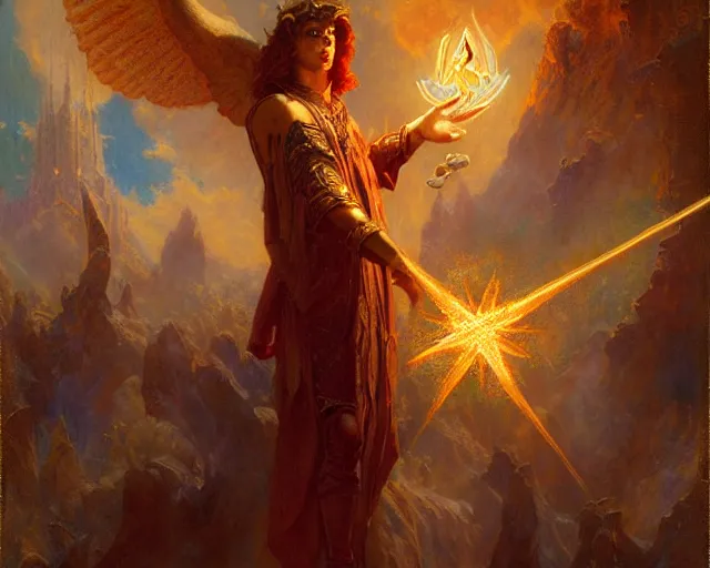 Image similar to attractive male deity, casting demonic magic, summoning handsome lucifer morning star. highly detailed painting by gaston bussiere, craig mullins, j. c. leyendecker 8 k