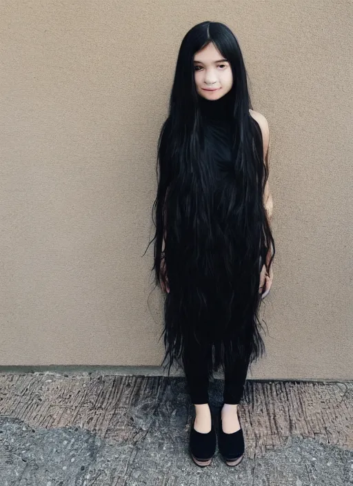 Image similar to a 1 4 year old girl with straight long black hair wearing black dress