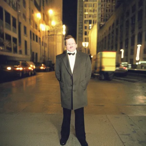 Prompt: 1 9 9 8 andy richter wearing a beige long overcoat over a black suit and necktie standing on the streets of chicago at night in winter.