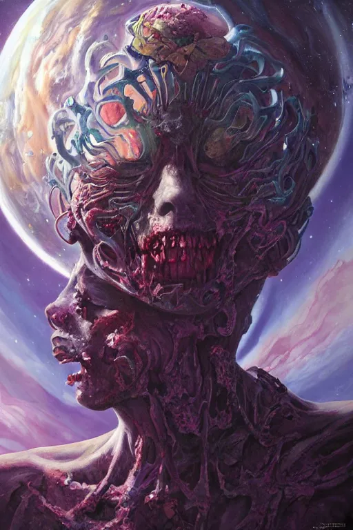 Image similar to beautiful painting of the zombie queen in Space covered in sigils and with an arcane halo by wayne barlowe trending on artstation detailed painting Unreal Engine