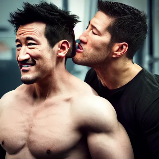 Image similar to markiplier kissing a buff guy, dslr, 8 k, octane beautifully detailed render, cold lighting, cinematic lighting, detailed photo, masterpiece, volumetric lighting, ultra realistic, highly detailed, high quality, lossless, photorealistic