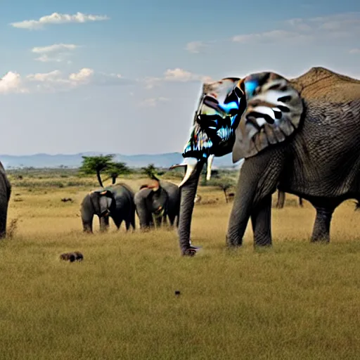 Image similar to a highly detailed panoramic photo by annie leibowitz of the serengeti. in the background a small boy next to an elephant with an extremely long trunk. 8 k, super resolution