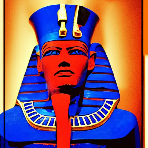 Image similar to a pharaoh with the face of donald trump, majestic, blue, red, powerful