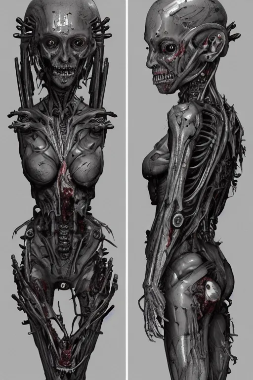 Image similar to cyborg zombie queen with gunmetal grey skin, medical anatomy, very symmetrical face, highly detailed, mecha, three - perspective / three - view reference sheet ( front / back / side ), in the style of james gurney, dan ouellette, hr giger, sil from species, dren from splice, biomechanical, artstation, unreal engine