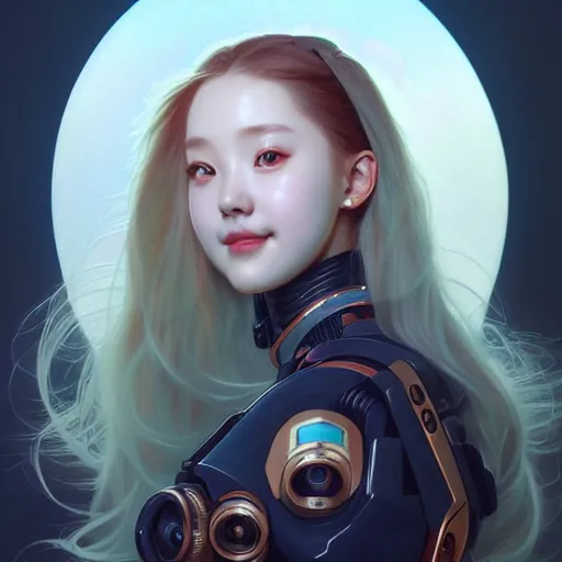 Image similar to portrait painting of a cute cyborg chuu loona kpop smiling cheerfully, ultra realistic, concept art, intricate details, eerie, highly detailed, photorealistic, octane render, 8 k, unreal engine. art by artgerm and greg rutkowski and magali villeneuve and alphonse mucha