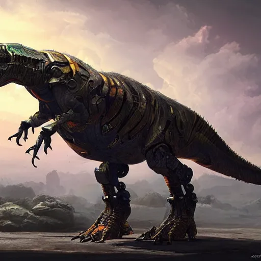 Image similar to a character art rendering of a robot T-rex made of mechanical parts, cartoonish psychedelic paleoart rendering, realistic dinosaur cyborg in the style of greg rutkowski, made with zbrush