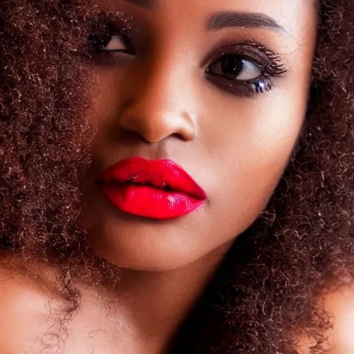 Prompt: very beautiful dark skinned women out of focus!! pale eye makeup close up red lips curly dark hair