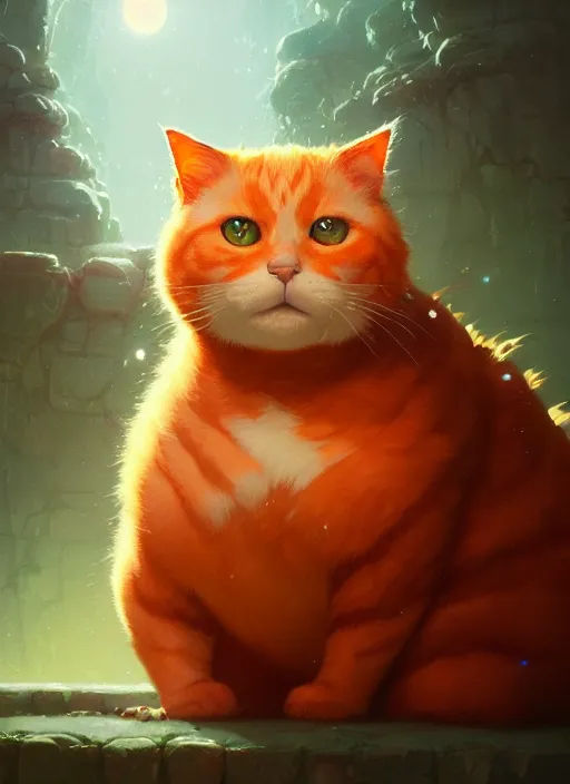 Image similar to highly detailed portrait of fat orange cat, stephen bliss, unreal engine, fantasy art by greg rutkowski, loish, rhads, ferdinand knab, makoto shinkai and lois van baarle, ilya kuvshinov, rossdraws, tom bagshaw, global illumination, radiant light, detailed and intricate environment