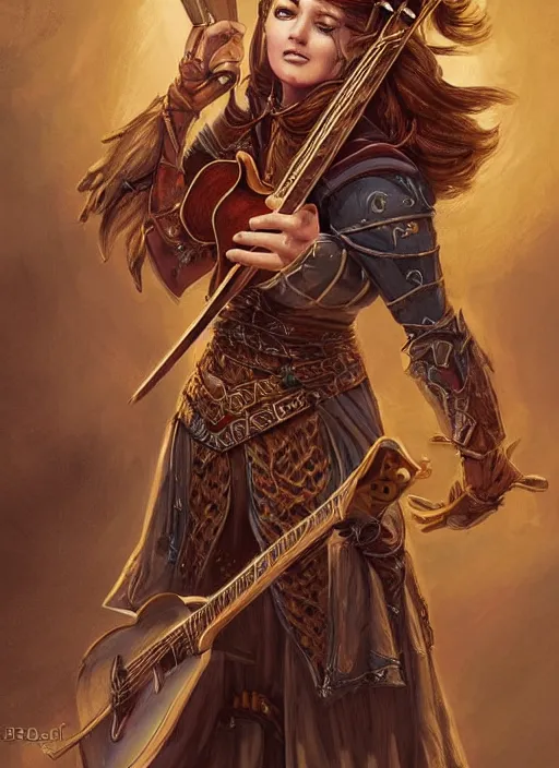 Prompt: female bard playing guitar, ultra detailed fantasy, dndbeyond, bright, colourful, realistic, dnd character portrait, full body, pathfinder, pinterest, art by ralph horsley, dnd, rpg, lotr game design fanart by concept art, behance hd, artstation, deviantart, hdr render in unreal engine 5