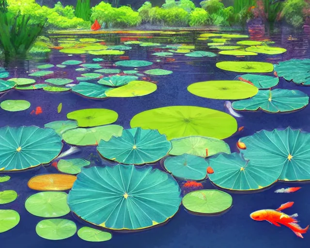 Prompt: Digital painting of koi pond, lotus flowers, dark blue water, green lily pads, goldfish, a fantasy digital painting by makoto shinkai and Alena Aenami, trending on artstation,