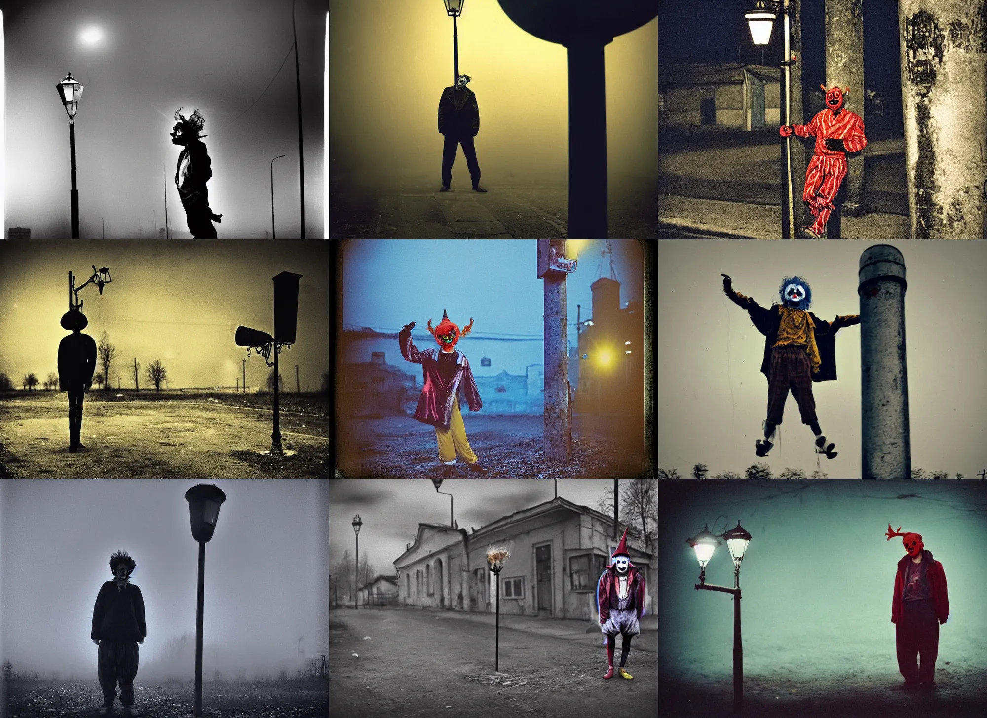 Prompt: a thin scary clown in torn clothes stands under a lamppost that shines a blue light on the clown, pitch darkness around the post, everything happens at night in an old Soviet village, the photo was taken from afar, Colourful, Cinematic, filmic, 35mm, dark atmosphere, horror, scary, Wildlife photography, Polaroid, bad quality, distorted, Night, dark