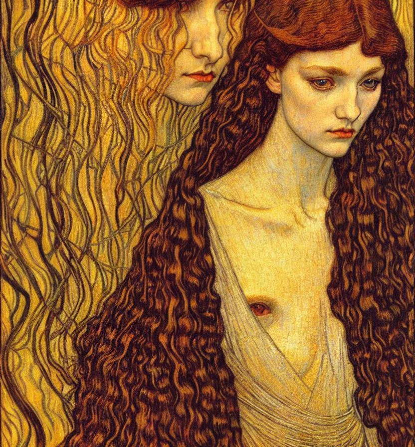 Image similar to detailed realistic beautiful young medieval queen face portrait by jean delville, gustav klimt and vincent van gogh, art nouveau, symbolist, visionary, gothic, pre - raphaelite, muted earthy colors, desaturated