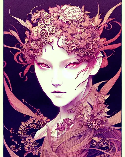 Image similar to Beautiful and playful ethereal ginger portrait, art nouveau, fantasy, intricate flower designs, elegant, highly detailed, sharp focus, art by Tsutomu Nihei, Artgerm and Greg Rutkowski and WLOP