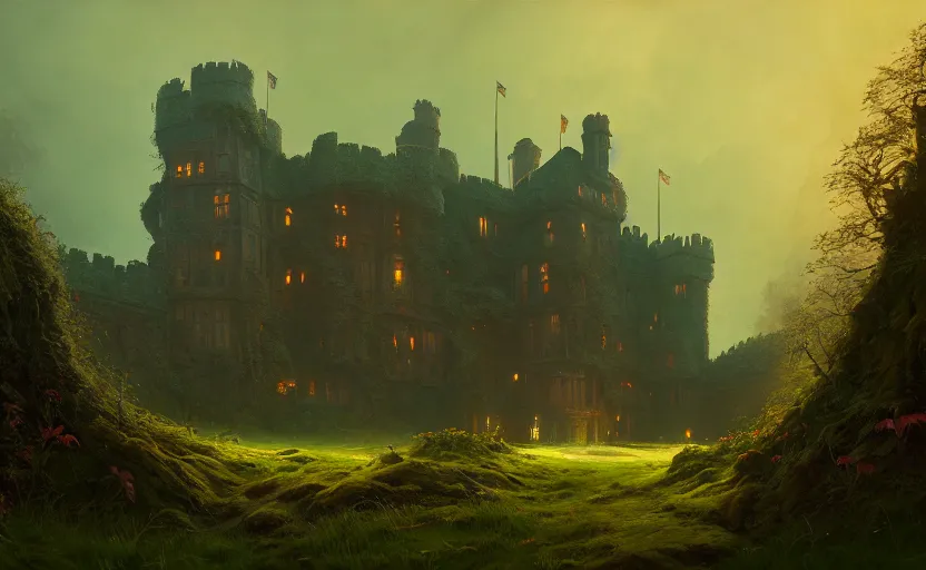 Image similar to an old english castle covered by plants with moody and cinematic lighting by greg ruthkowski and simon stalenhag jama jurabaev and illya repin, cinematic and atmospheric, concept art, artstation, trending on artstation