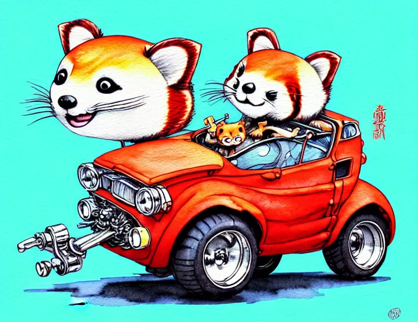Prompt: cute and funny, red panda riding in a tiny hot rod with oversized engine, ratfink style by ed roth, centered award winning watercolor pen illustration, isometric illustration by chihiro iwasaki, edited by range murata, tiny details by artgerm and watercolor girl, symmetrically isometrically centered