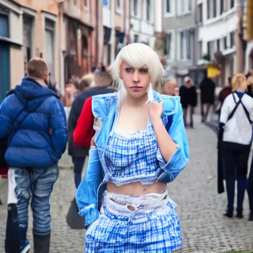 Prompt: aristocratic platinum - blonde - haired hime - cut blue - eyed 1 9 - year - old princess wearing dirty clothes, walking through crowds in belgian town