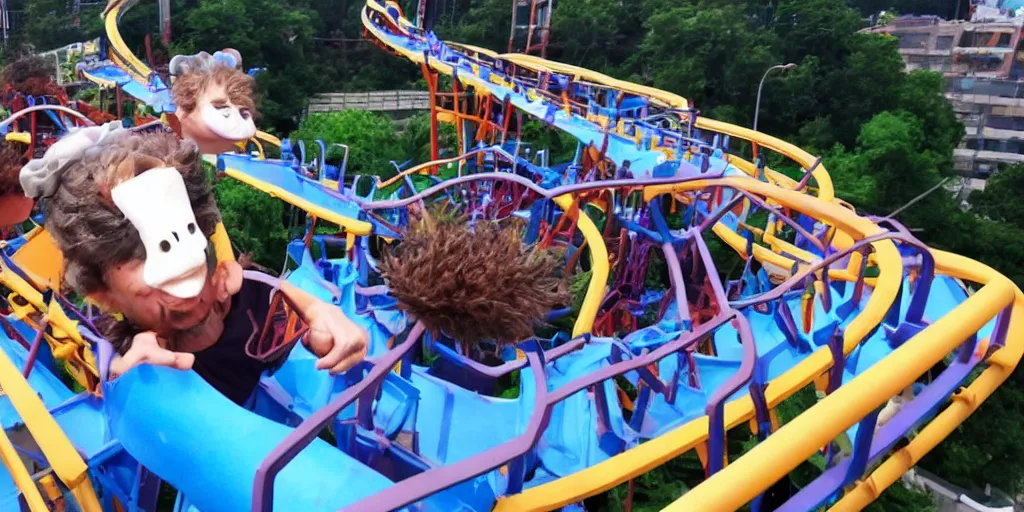 Prompt: a man with a bibimbap head riding a roller coaster