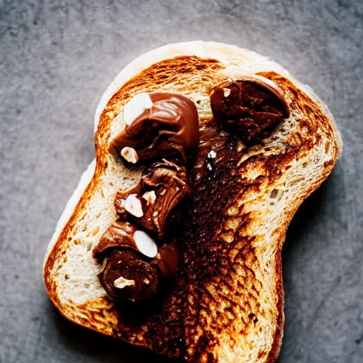 Prompt: toast with nutella and a fish head, food photography, 5 0 mm f / 1. 6, bokeh, sigma lens, elegant