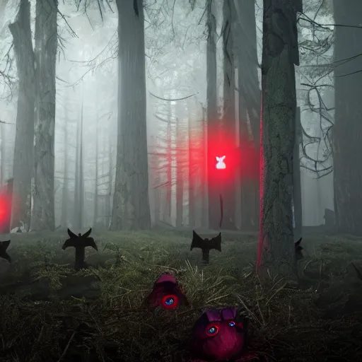 Image similar to An octane render of many pairs of red glowing eyes in a dark forest, extremely detailed, scary, horror, suspense, Unreal engine, 8k render, cinematic, dark, dreary