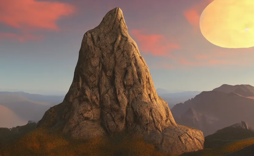Prompt: a tall stony peak overlooks a mountainous landscape as sunset, 4k digital art, trending on artstation, golden hour