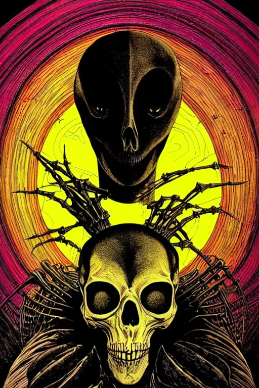 Prompt: black and yellow technicolor color risoprint, richard corben, wayne barlowe, moebius, heavy metal comic cover art, psychedelic triangular skeleton, very intricate, full body portrait, symmetrical face, in a concentric background, galactic dark colors