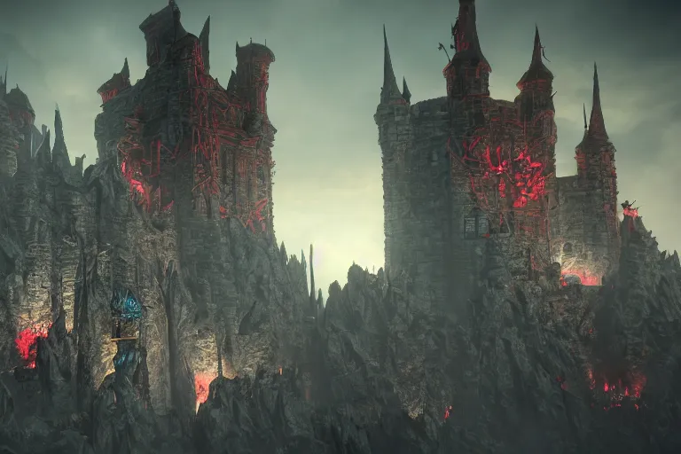 Image similar to big evil castle - city rock dark shadow elves, might and magic heroes vii, dark fantasy, shadows, artstation trending, unreal engine 5, red