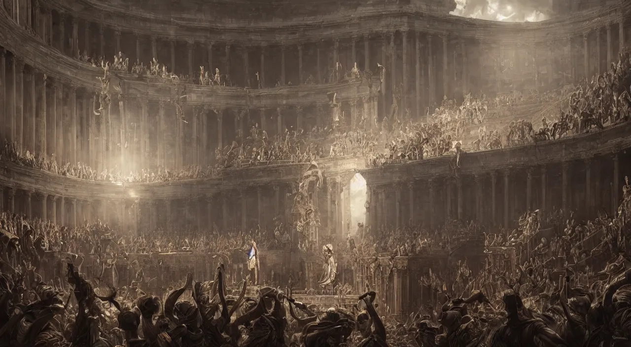 Prompt: naomaquia at the coliseum during the kingdom of Julius Caesar, roman historic works, hyper-detailed, artstation trending, world renowned artists, historic artworks society, antique renewel, cgsociety, by greg rutkowski, by Gustave Dore, Deviantart