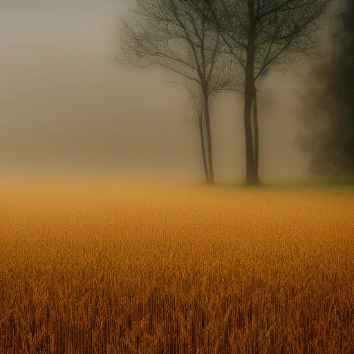 Prompt: A wheat field right beside a forest, morning, photograph, 4K, fog, godrays