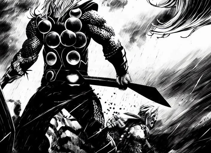 Image similar to thor with blond hair catches lightning and holds an ax in an epic battle with storm clouds with faces monsters by tsutomu nihei, black and white, epic battle background, comic, cinematic