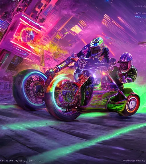 Image similar to psychedelic tron lsd crowded motorcycle race to the ancient and majestic tower of babylon destroyed, hyper realistic, ambient lighting, concept art, intricate, hyper detailed, trakovsky greatest scene, smooth, dynamic volumetric lighting, octane, raytrace, cinematic, high quality, high resolution, 4 k, cgsociety, rutkowski, gurney