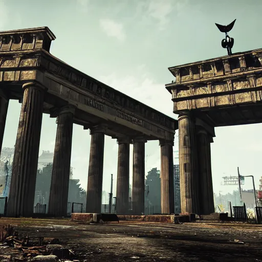 Prompt: Berlin Brandenburg Tor in ruins post-nuclear war in Fallout 4, in game screenshot