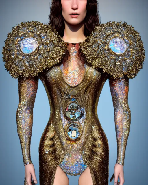 Prompt: a highly detailed metahuman 8 k close up render of bella hadid as surrealism renaissance in iris van herpen dress schiaparelli in diamonds crystals swarovski and jewelry iridescent in style of alphonse mucha gustav klimt trending on artstation made in unreal engine 4