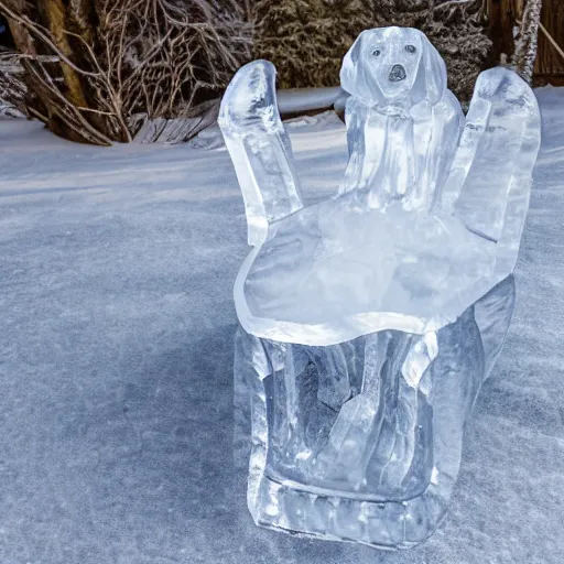 Prompt: a chair made of ice with a dog made of ice sitting on it. Photography. Highly detailed. 8K