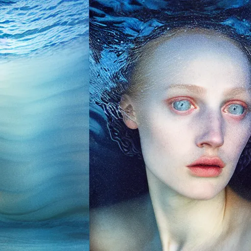 Prompt: close photographic portrait of a stunningly beautiful english renaissance female sea goddess in a tubular wave at sunset, caustics, soft focus, contemporary fashion shoot, hasselblad nikon, in a denis villeneuve and tim burton movie, by edward robert hughes, annie leibovitz and steve mccurry, david lazar, jimmy nelsson, extremely detailed, breathtaking, hyperrealistic, perfect face