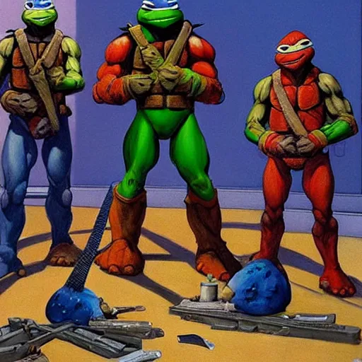 Image similar to teenage mutant ninja turtles inside of a blockbuster painted by edward hopper