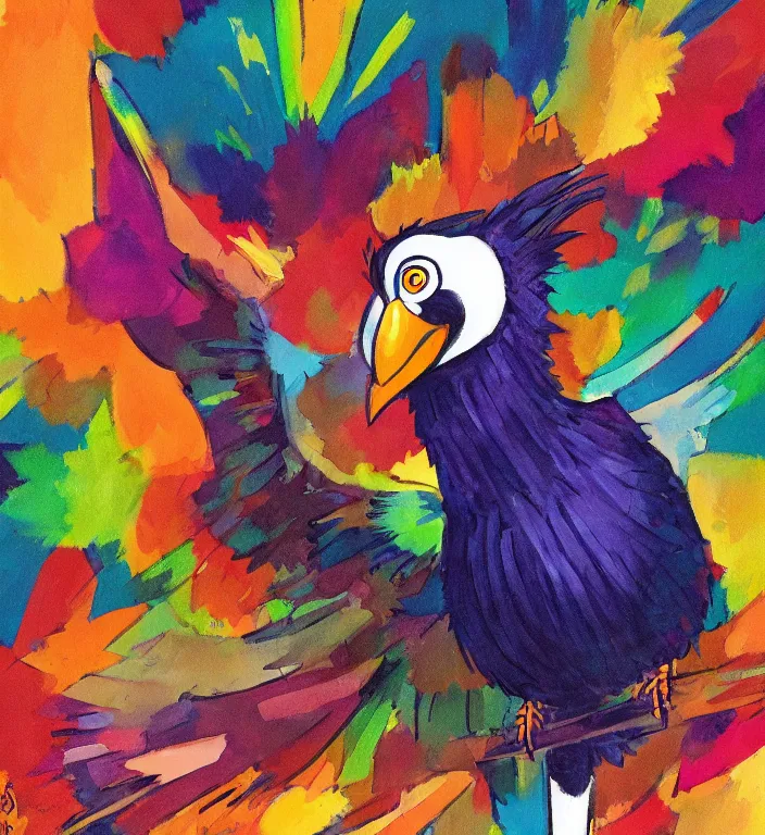 Image similar to colorful illustration of happy raven bird, by zac retz and junji ito