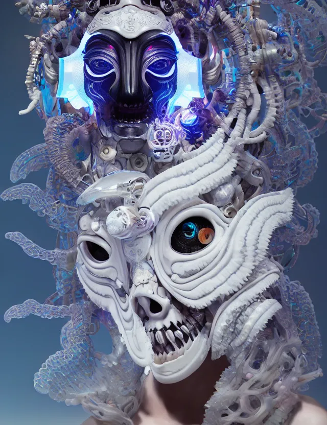 Image similar to 3 d goddess cyborg close - up profile portrait with ram skull. beautiful intricately detailed japanese crow kitsune mask and clasical japanese kimono. betta fish, jellyfish phoenix, bio luminescent, plasma, ice, water, wind, creature, artwork by tooth wu and wlop and beeple and greg rutkowski