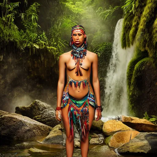 Prompt: a photo of a lex fridman wearing tribal clothes, standing in front of a waterfall, deep in the rainforest, professional light, photo by jimmy nelson, 8 k, photorealistic imagery, trending on artstation, artstationhq, artstationhd