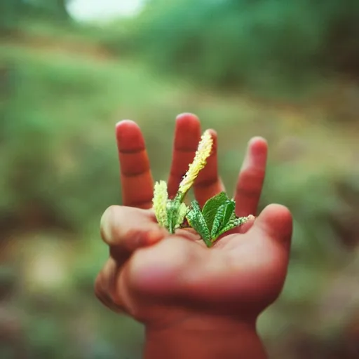 Image similar to girl holding a salchenwursage in the palm of her hand. 3 5 mm, f / 2, cinelux asa 1 0 0