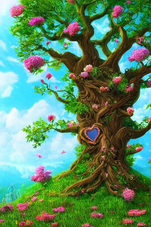 Prompt: a beautiful digital illustration painting of a detailed fantasy tree with a heart carved in the trunk grass and flowers by blair leighton and lisa frank, 8 k resolution trending on artstation concept art digital illustration