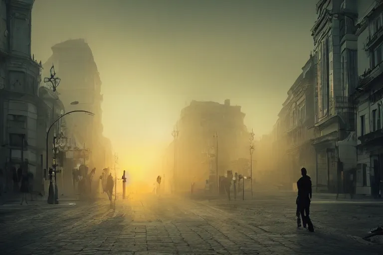 Image similar to artstation, concept art, dramatic lighting, bucharest, sunset, mist, people on the streets, rule of thirds, composition, atmospheric